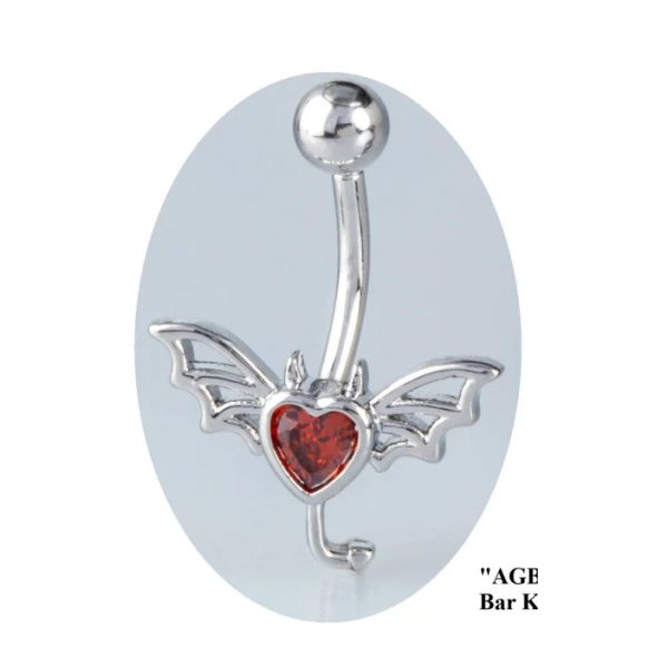 Yakut Rengi Kalp Taşlı Gotik Kanatlı Şeytan Figürlü Aksesuarlı Göbek Piercing (ÖZEL TASARIM)