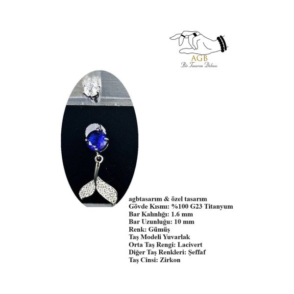 "AGB" Parıltı Taşlı Titanyum Gövdeli(Barlı) Deniz Kızı Kuyruğu Figürlü Aksesuarlı Göbek Piercing (Single, Lower)