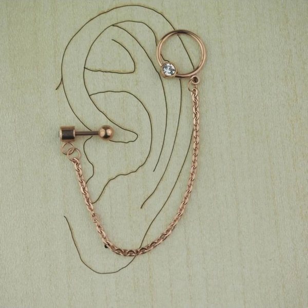 Halka  FİGÜRLÜ  TEKTAŞLI Kulak, Helix  SALLANTI Zincirli Çift Delik Piercing, Küpe