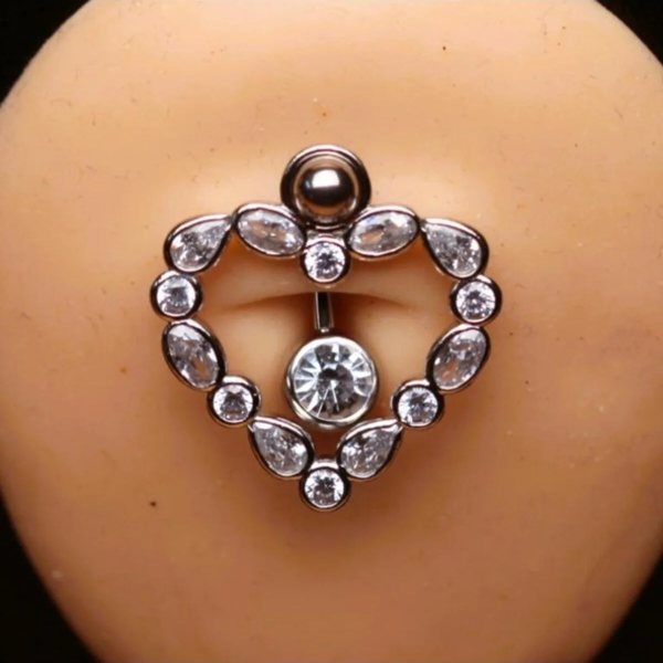 TAŞLA ÇEVRİLİ TEKTAŞ KALPLİ AKSESUARLI GÖBEK Piercing (CERRAHİ ÇELİK GÖVDELİ)