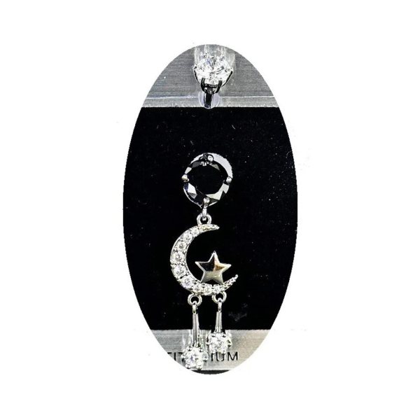 "AGB" Parıltı Taşlı Titanyum Gövdeli(Barlı) Ay İçinde Yıldız Figürlü Aksesuarlı Göbek Piercing (Single, Lower)