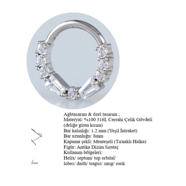 SIRA TAŞ DETAYLI "septum, Nose, Helix" "Burun, Kıkırdak" Menteşeli Halka Piercing