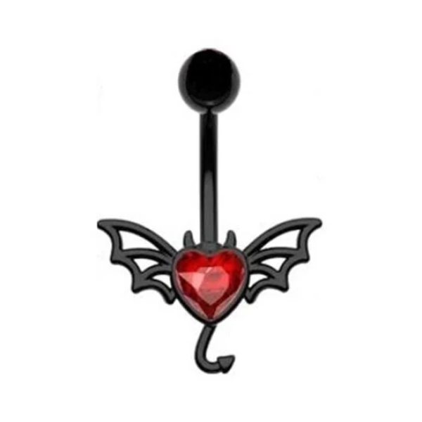 Yakut Rengi Kalp Taşlı Gotik Kanatlı Şeytan Figürlü Aksesuarlı Göbek Piercing (ÖZEL TASARIM)