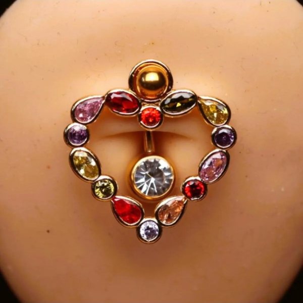 Karma Taşla Çevrili Tektaş Kalpli Aksesuarlı Göbek Piercing (Cerrahi Çelik Gövdeli)