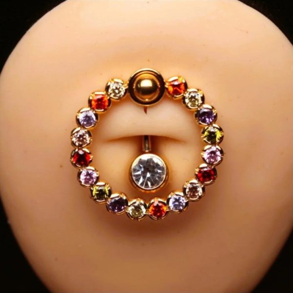 RENGARENK TAŞLA ÇEVRİLİ TEKTAŞ HALKALI AKSESUARLI GÖBEK Piercing (CERRAHİ ÇELİK GÖVDELİ)