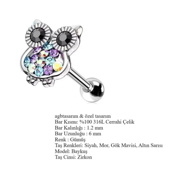 "AGB" Parıltı Taşlı Baykuş Figürlü Aksesuarlı  Kulak, Kıkırdak, Helix & Tragus Piercing