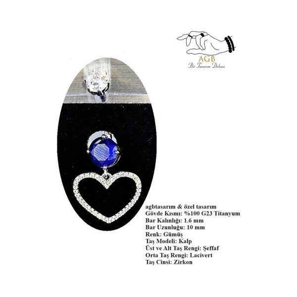 "AGB" Parıltı Taşlı Titanyum Gövdeli(Barlı) Kalp Figürlü Aksesuarlı Göbek Piercing Single, Lower