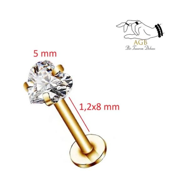 Gösterişli "AGB" Parıltı Kalp Taşlı 316L Çelik Helix, Dudak & Burun Piercing %100 "AGB" İbareli