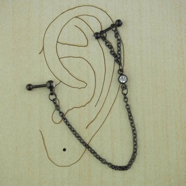 KANCA FİGÜRLÜ  TEKTAŞLI Kulak, Helix  SALLANTI Zincirli Çift Delik Piercing, Küpe