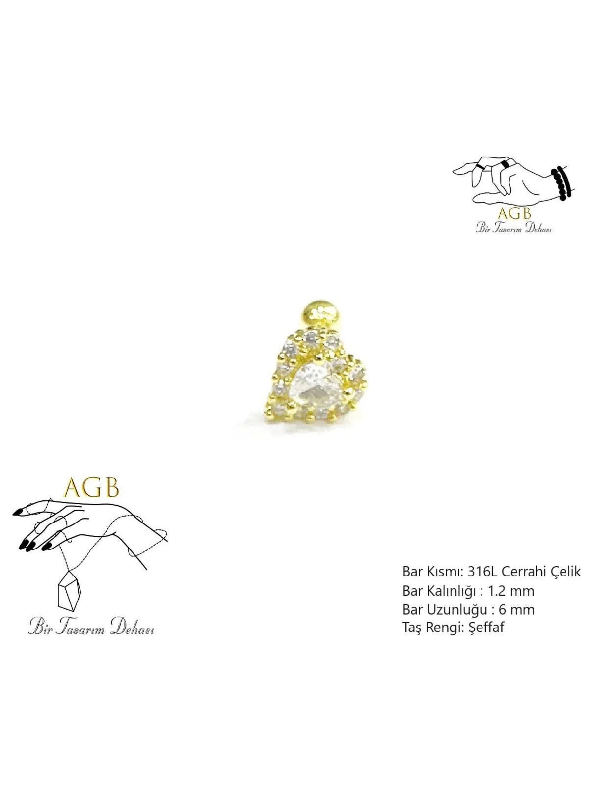 AGB Parıltı Kalp Taşlı Aksesuarlı  Kulak, Kıkırdak, Helix & Tragus Piercing 6