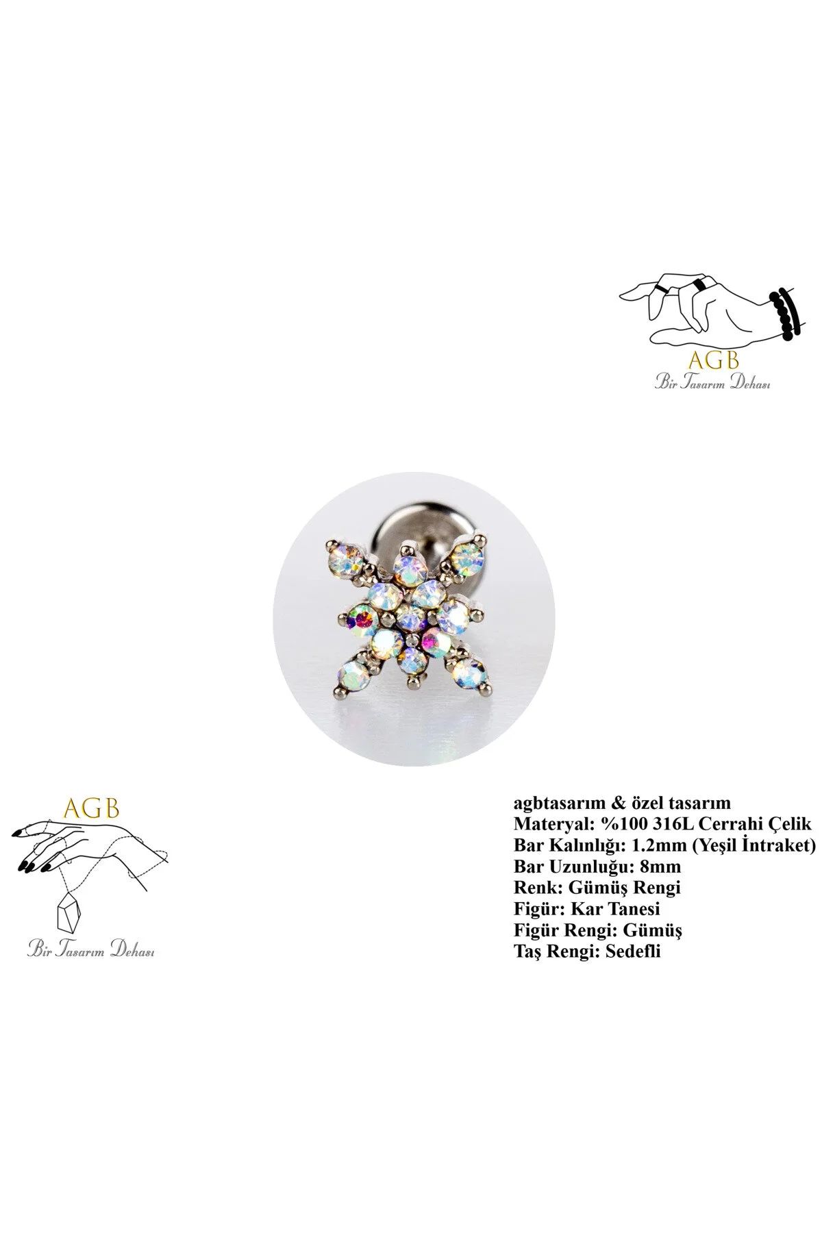 Parlak TAŞLI KAR TANESİ FİGÜRLÜ Kıkırdak, Kulak "snug" "lobe" Kulak Piercing (%100 316L) 2