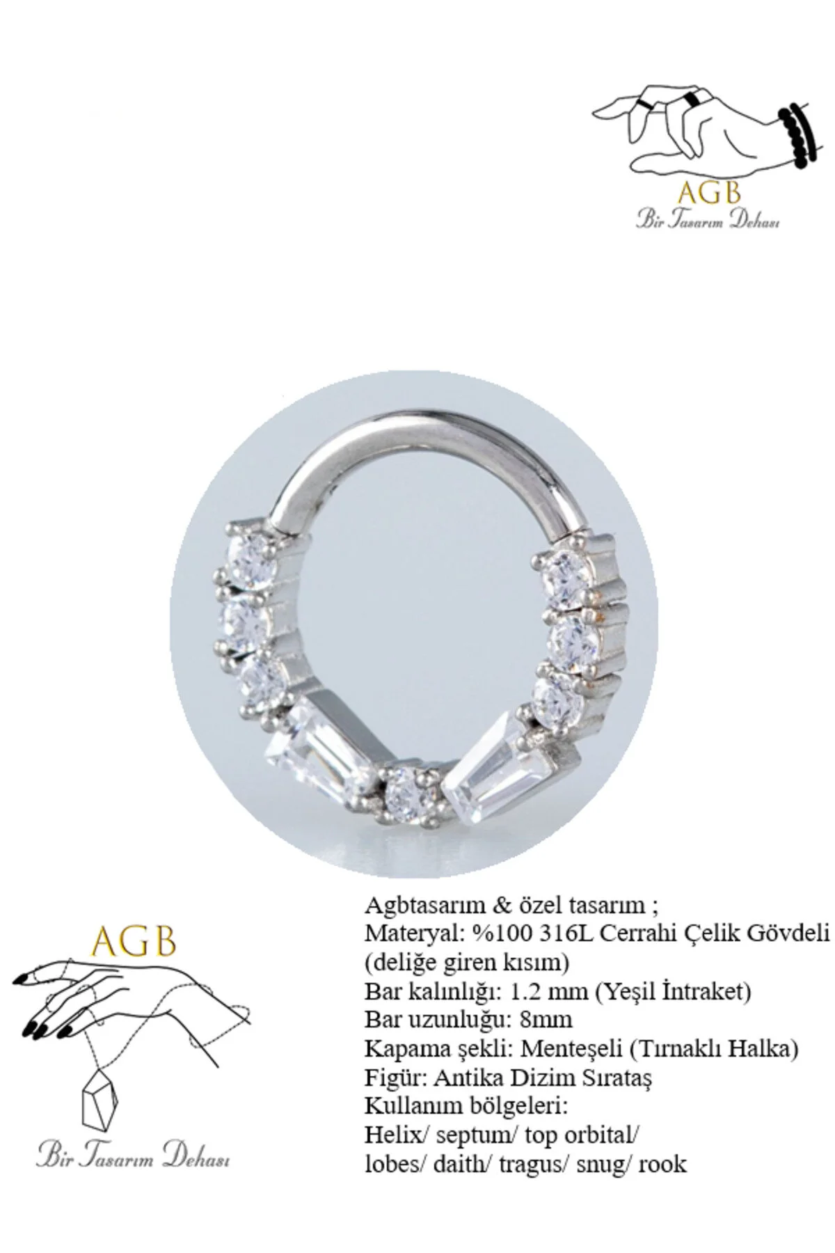 SIRA TAŞ DETAYLI "septum, Nose, Helix" "Burun, Kıkırdak" Menteşeli Halka Piercing 1