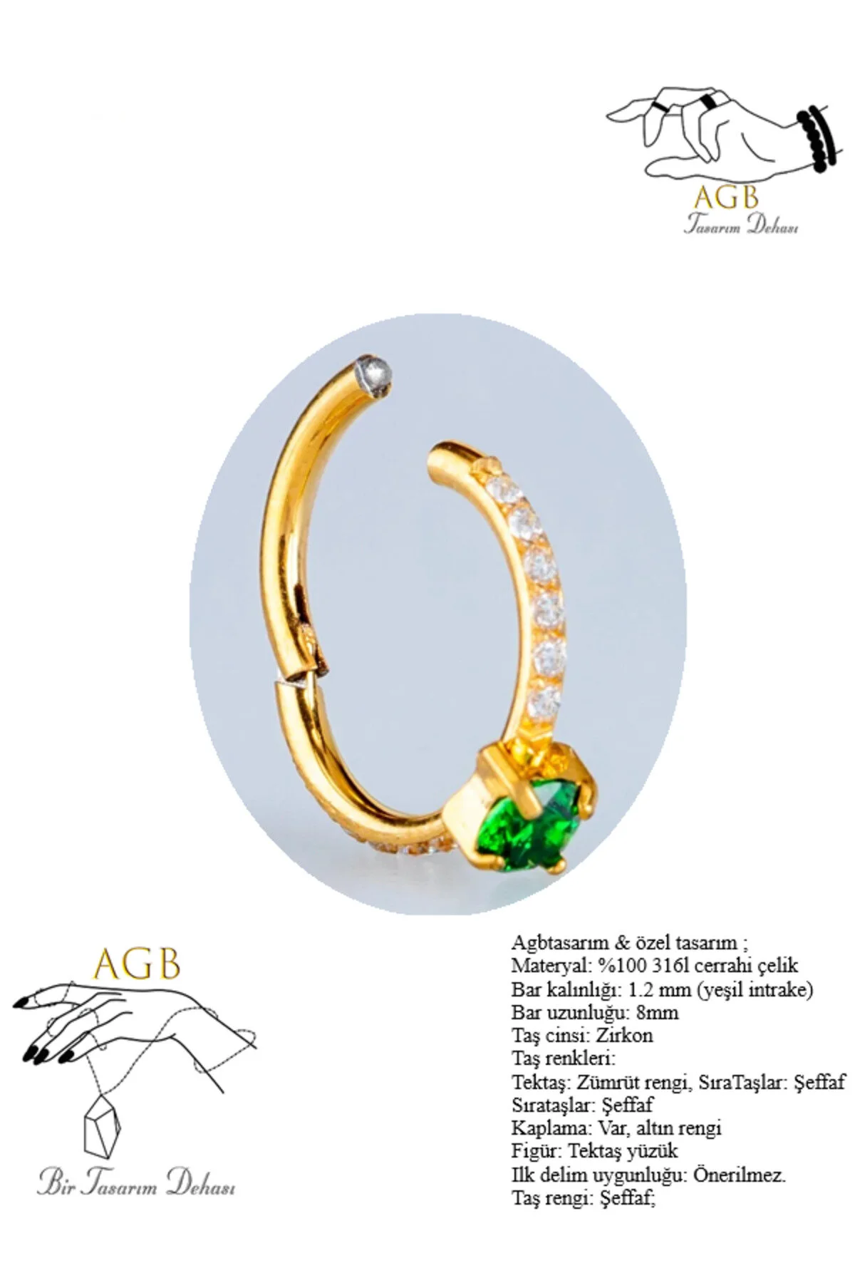 SIRATAŞ ÜZERİ AGB "Parıltı TAŞLI "septum, Nose, Helix" "Burun, Kıkırdak" Menteşeli Halka Piercing (316L Çelik) 1