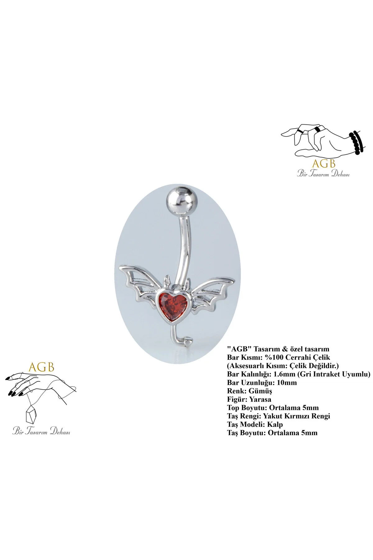 Yakut Rengi Kalp Taşlı Gotik Kanatlı Şeytan Figürlü Aksesuarlı Göbek Piercing (ÖZEL TASARIM) 1