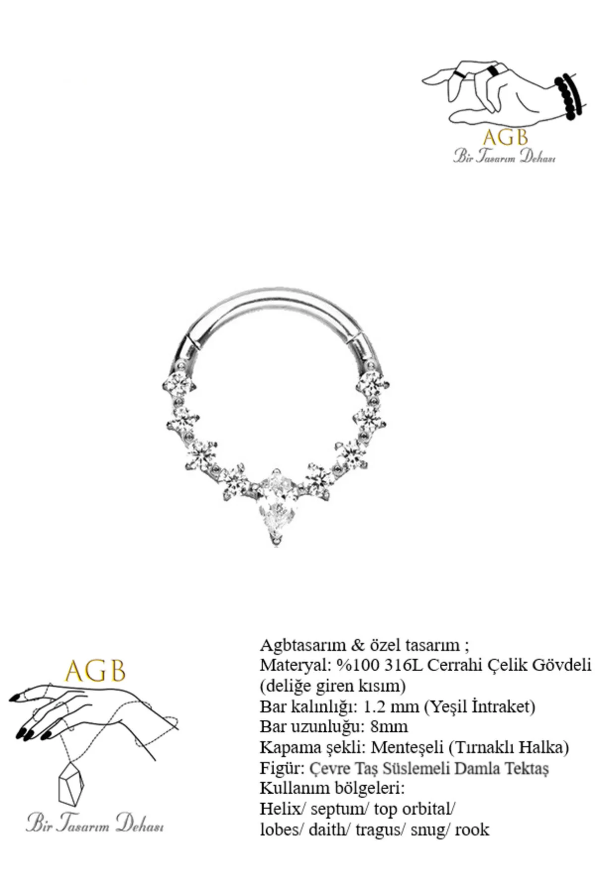 "AGB" Parıltı Taşlı "septum, Nose, Helix" "Burun, Kıkırdak" Menteşeli Halka Piercing 1