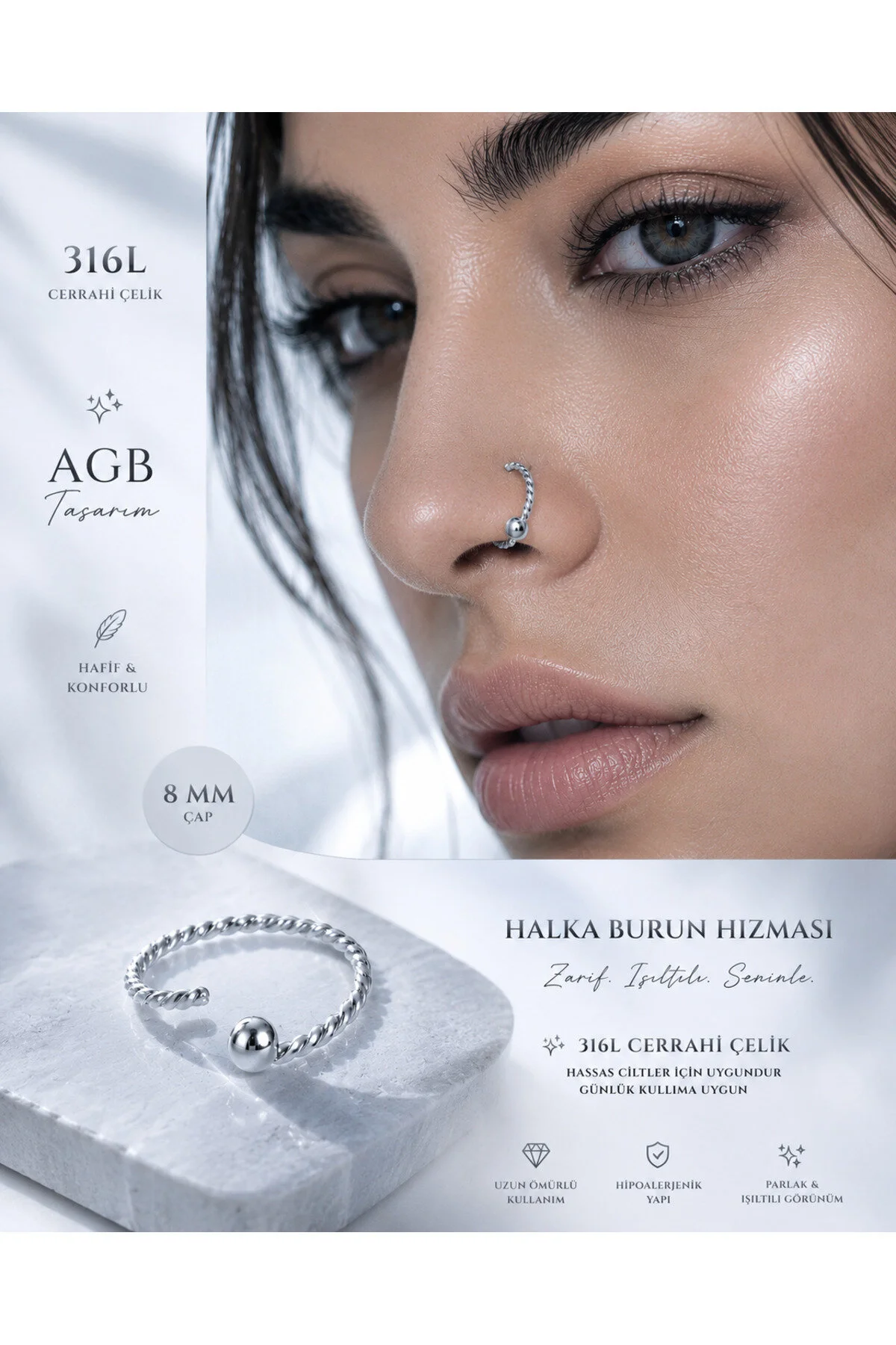 " Özel Tasarım Cerrahi Çelik Sabit Toplu Burgu Figürlü Burun, Kulak, Kaş Nostril, Septum, Helix, Dalth Halka Hızma Piercing 2