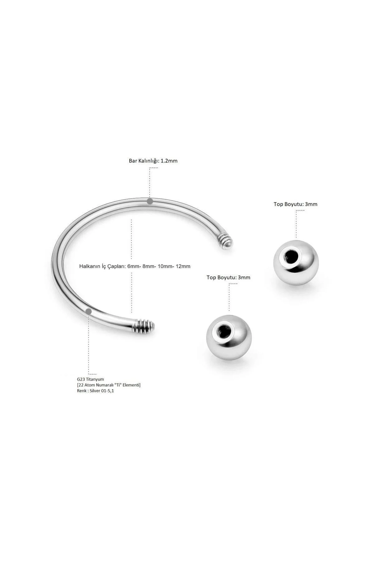 %100 G23 Titanyum Gümüş Rengi Halka "septum, Nose, Helix" "burun, Dudak, Kaş, Kıkırdak" Piercing 2