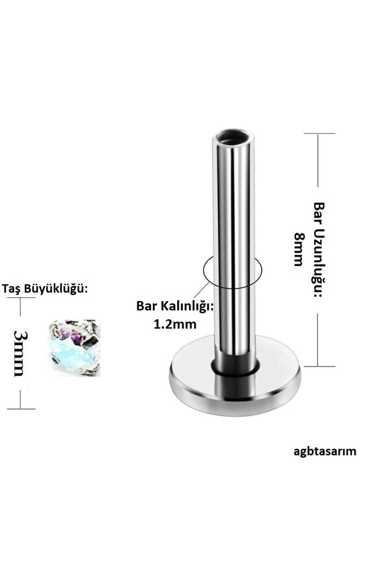 Minimal "AGB" Parıltı Taşlı 316L Çelik Helix, Dudak & Burun Piercing 2