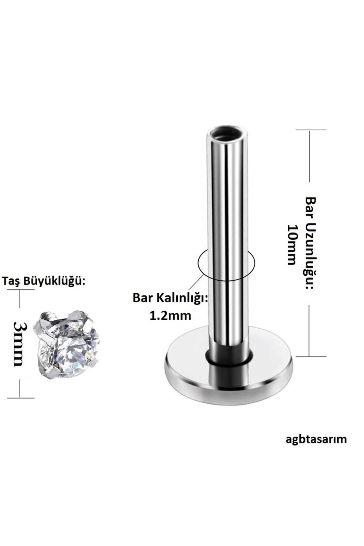 Minimal "AGB" Parıltı Taşlı 316L Çelik Helix, Dudak & Burun Piercing (%100 "AGB" İbareli) 3