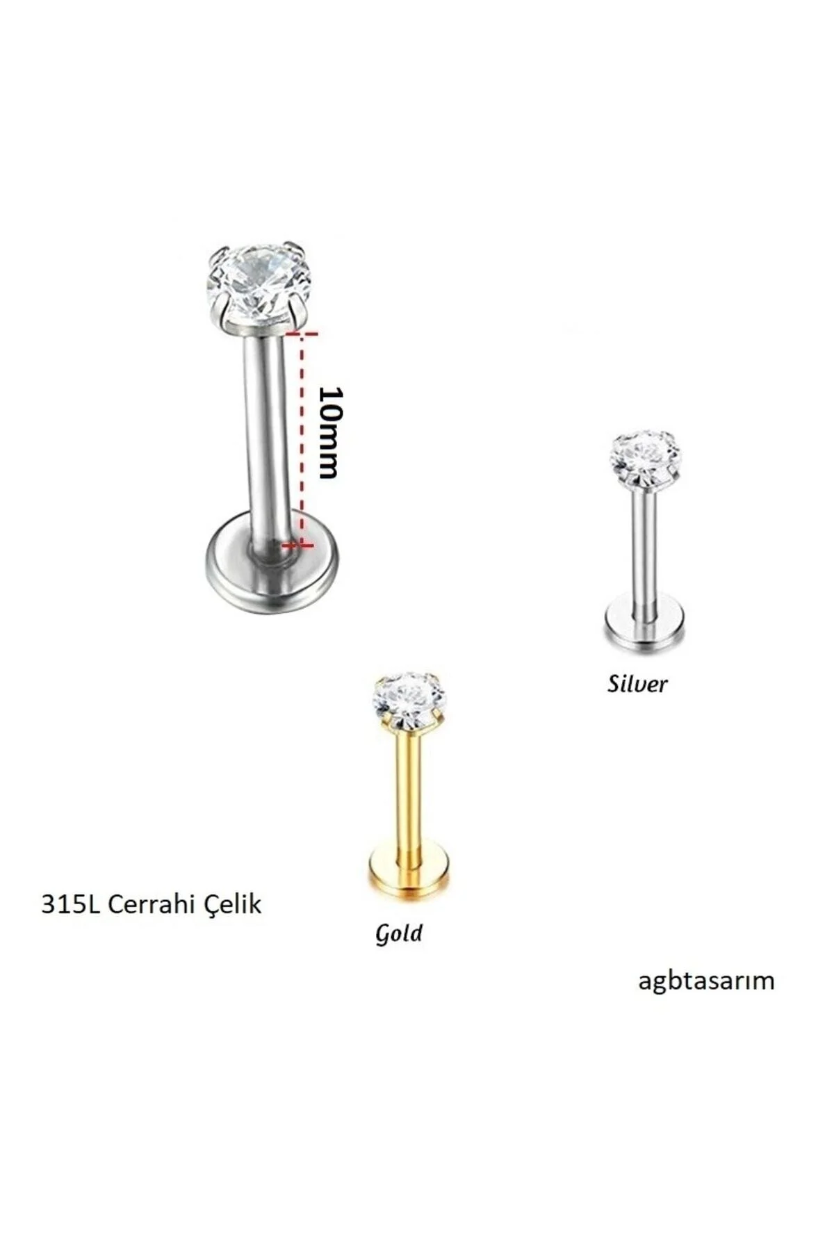 Minimal "AGB" Parıltı Taşlı 316L Çelik Helix, Dudak & Burun Piercing (%100 "AGB" İbareli) 6