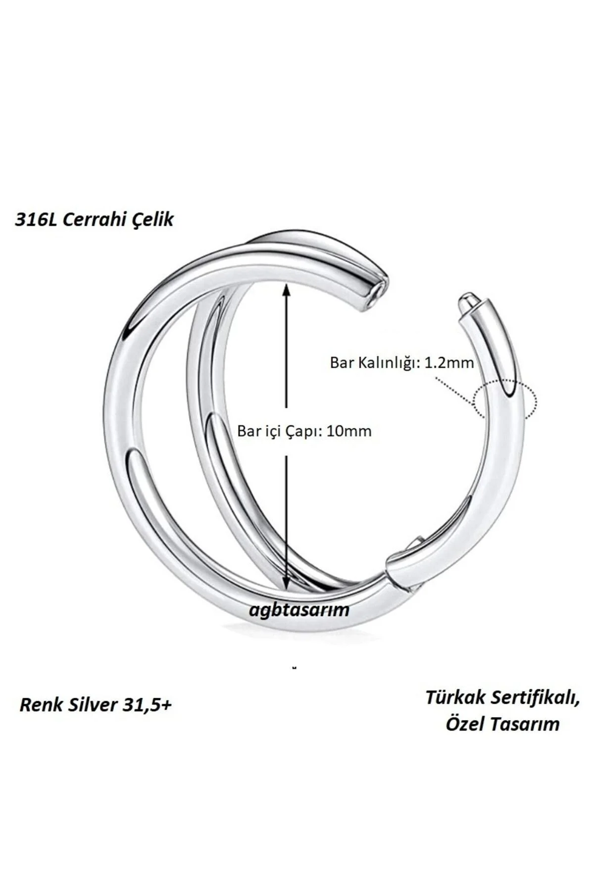%100 Çelik "septum, Nose, Helix" "burun, Dudak, Kıkırdak" Çift Menteşeli Gümüş Rengi Halka Piercing 3