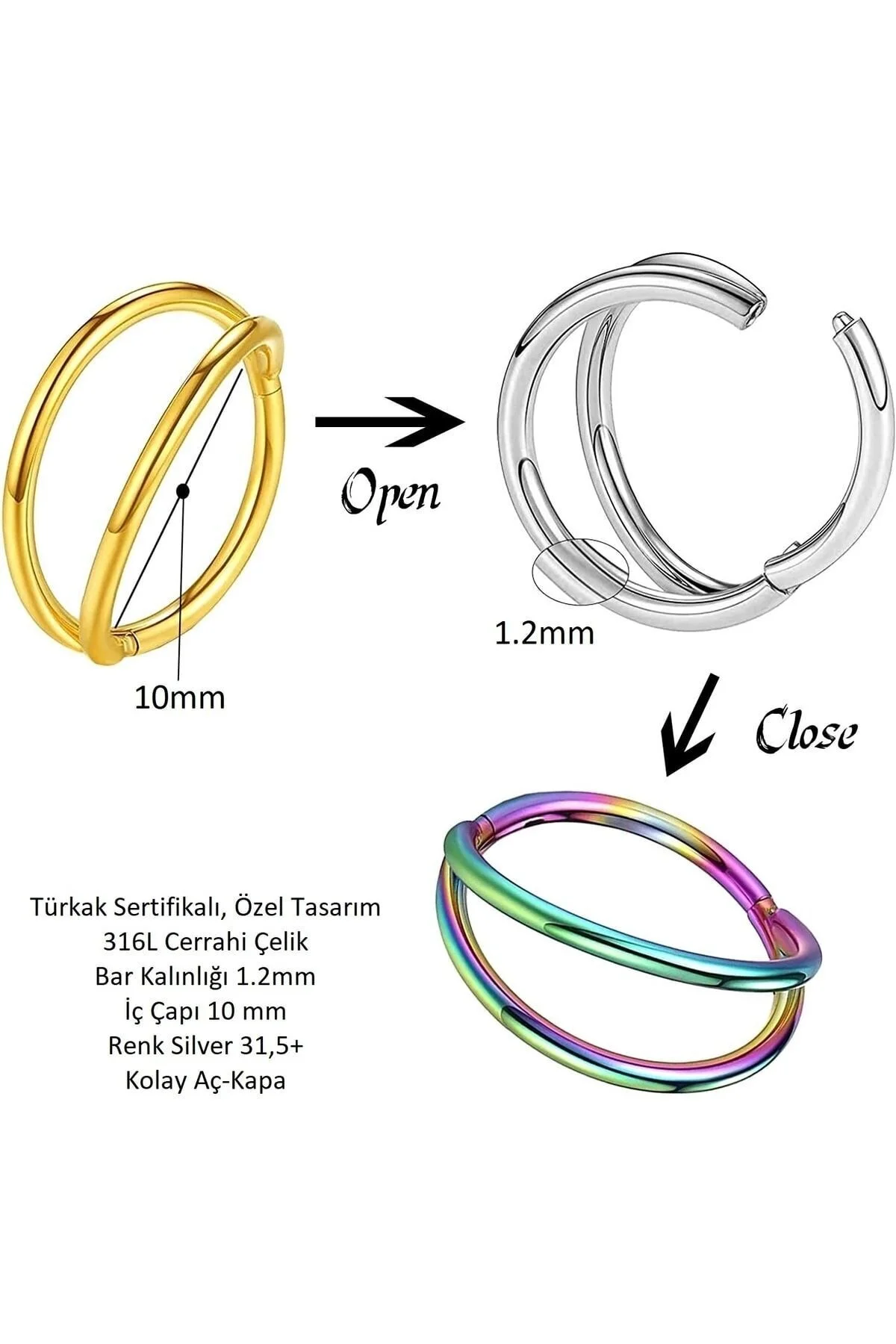 %100 Çelik "septum, Nose, Helix" "burun, Dudak, Kıkırdak" Çift Menteşeli Altın Rengi Halka Piercing 3