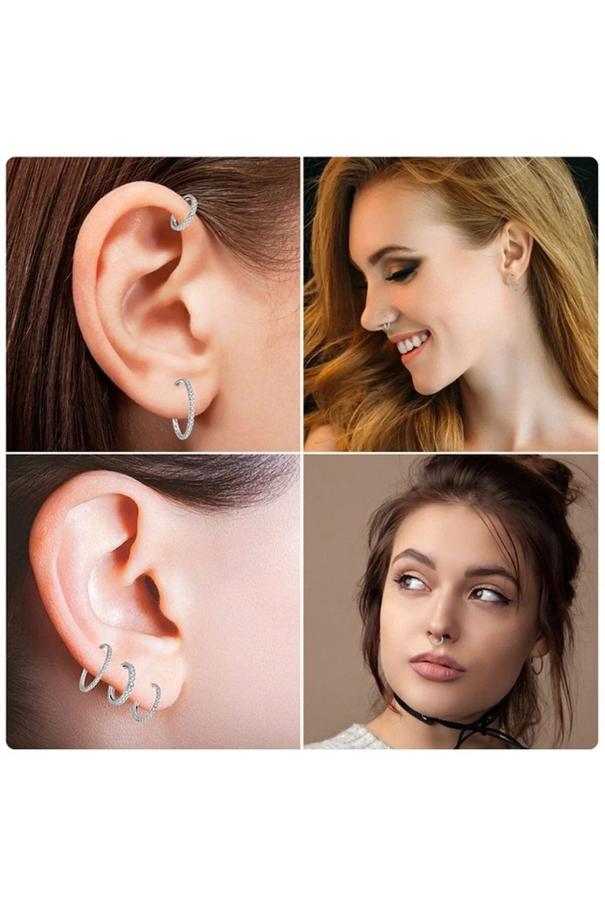 AGB Parıltı Sıra Taşlı Burun, Dudak, Kaş, Kıkırdak Septum & Helix Menteşeli Halka Piercing 6