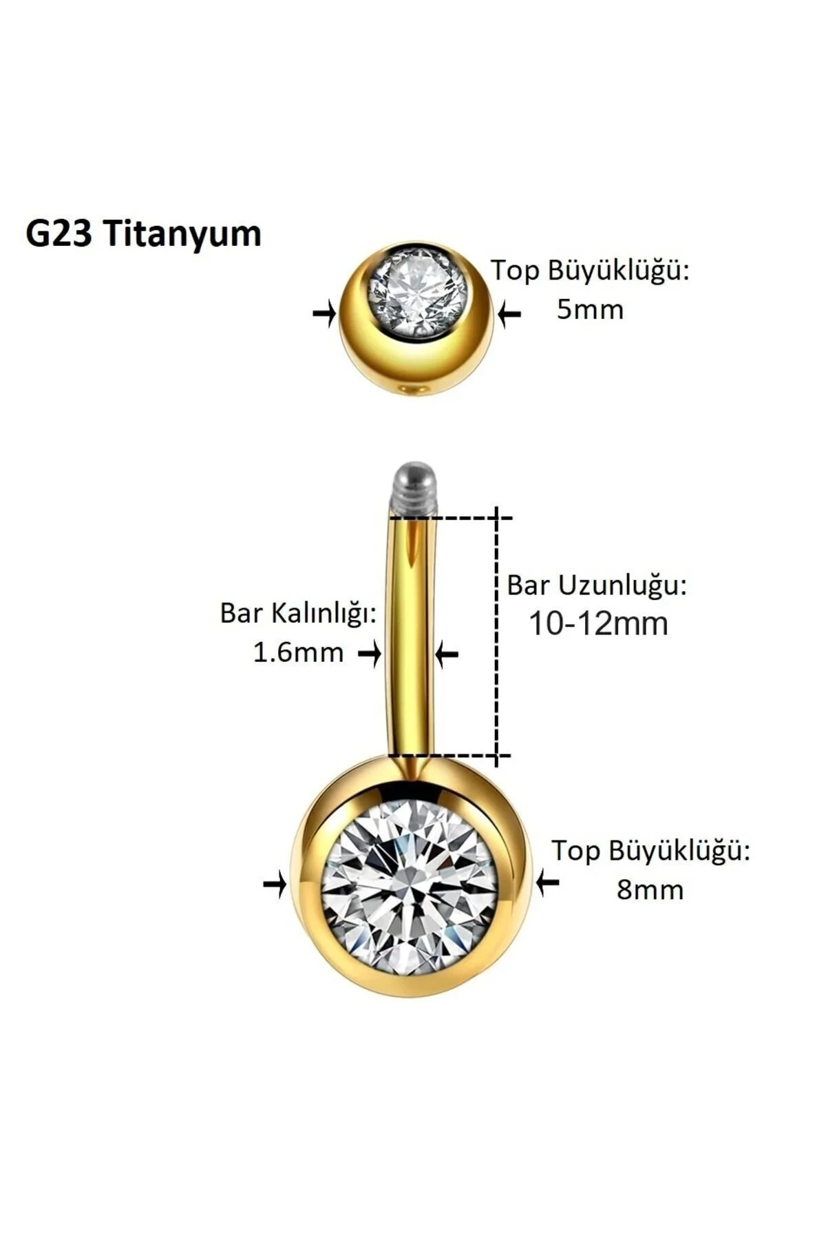 %100 G23 Titanyum "sıngle", "lower", "double" Şeffaf Taşlı Altın Rengi Göbek Piercing 1
