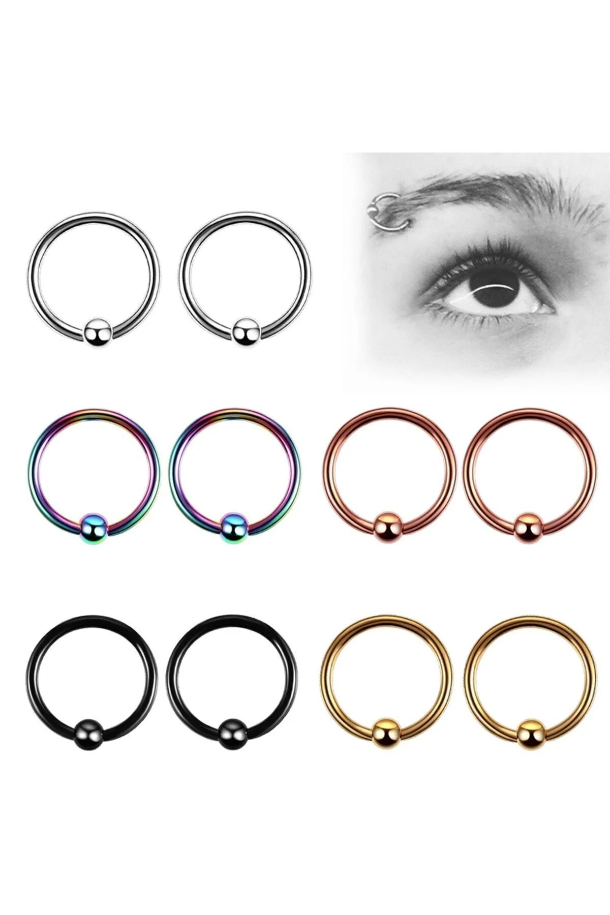 %100 CERRAHİ ÇELİK "Septum, Nose, Helix" "Burun, Dudak, Kaş, Kıkırdak" TOPLU TAM HALKA PİERCİNG 6