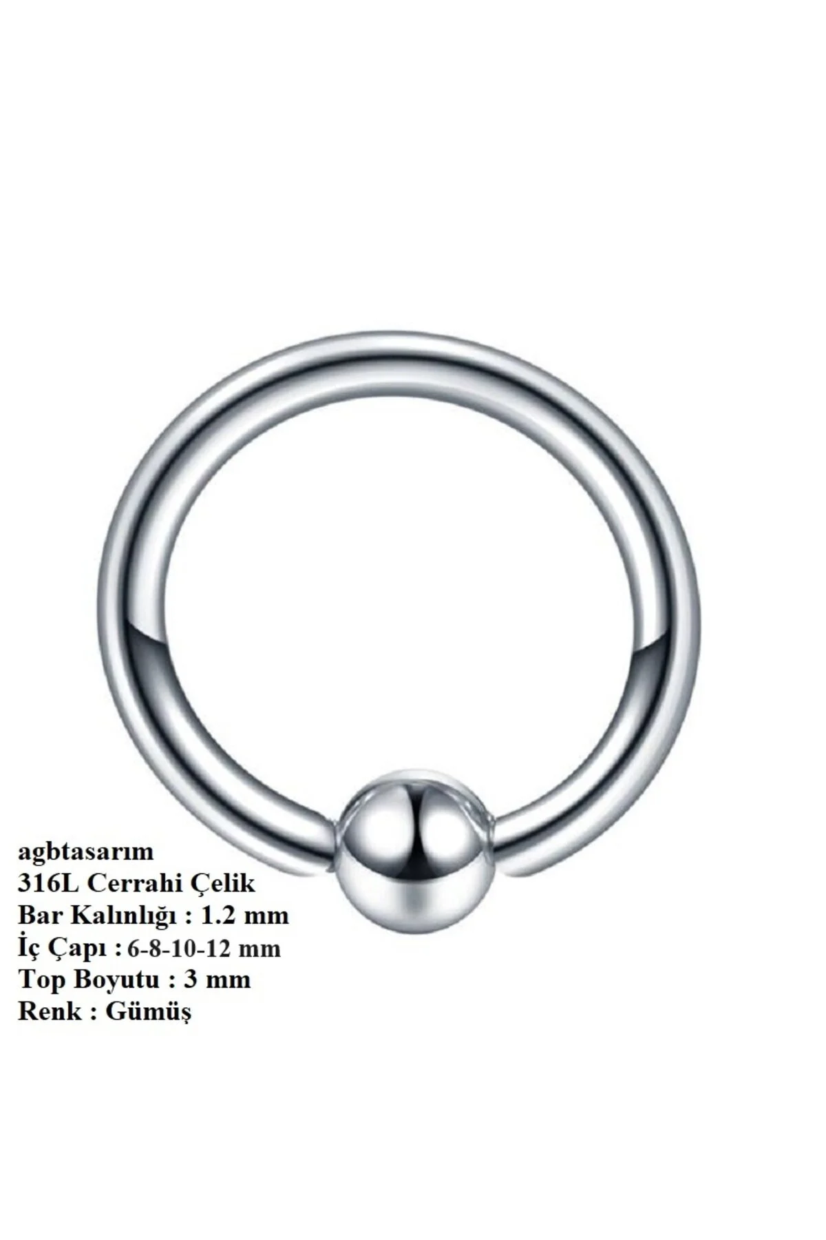 %100 CERRAHİ ÇELİK "Septum, Nose, Helix" "Burun, Dudak, Kaş, Kıkırdak" TOPLU TAM HALKA PİERCİNG 1