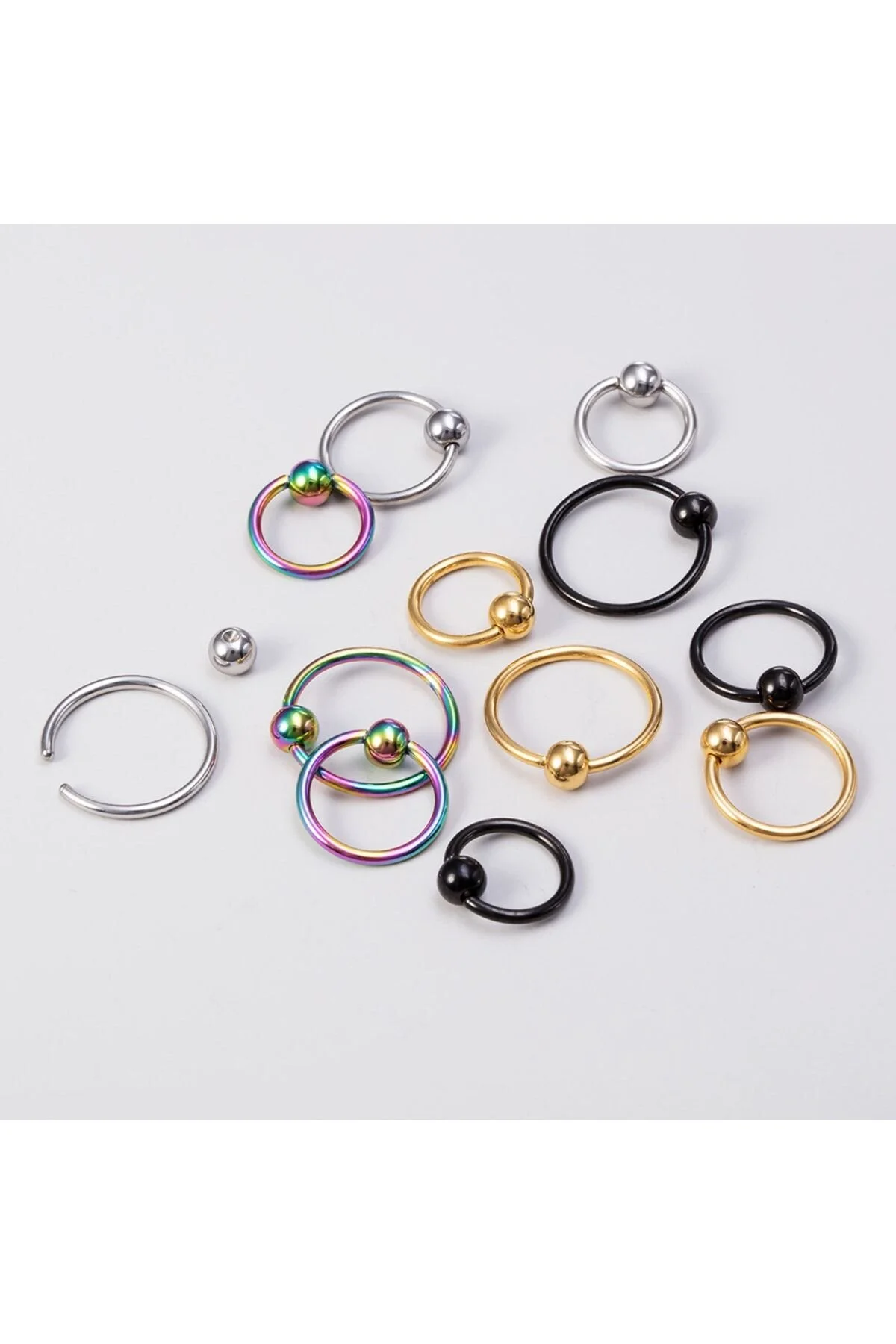 %100 CERRAHİ ÇELİK "Septum, Nose, Helix" "Burun, Dudak, Kaş, Kıkırdak" TOPLU TAM HALKA PİERCİNG 5