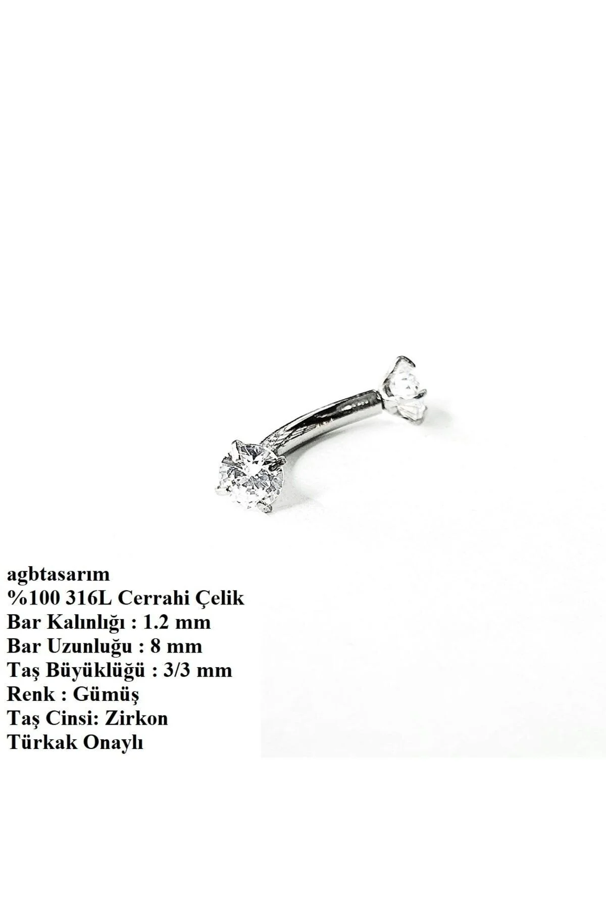 "AGB" Parıltı Taşlı Kavisli 316L Çelik Kaş (Eyebrow), Rook & Piercing 1