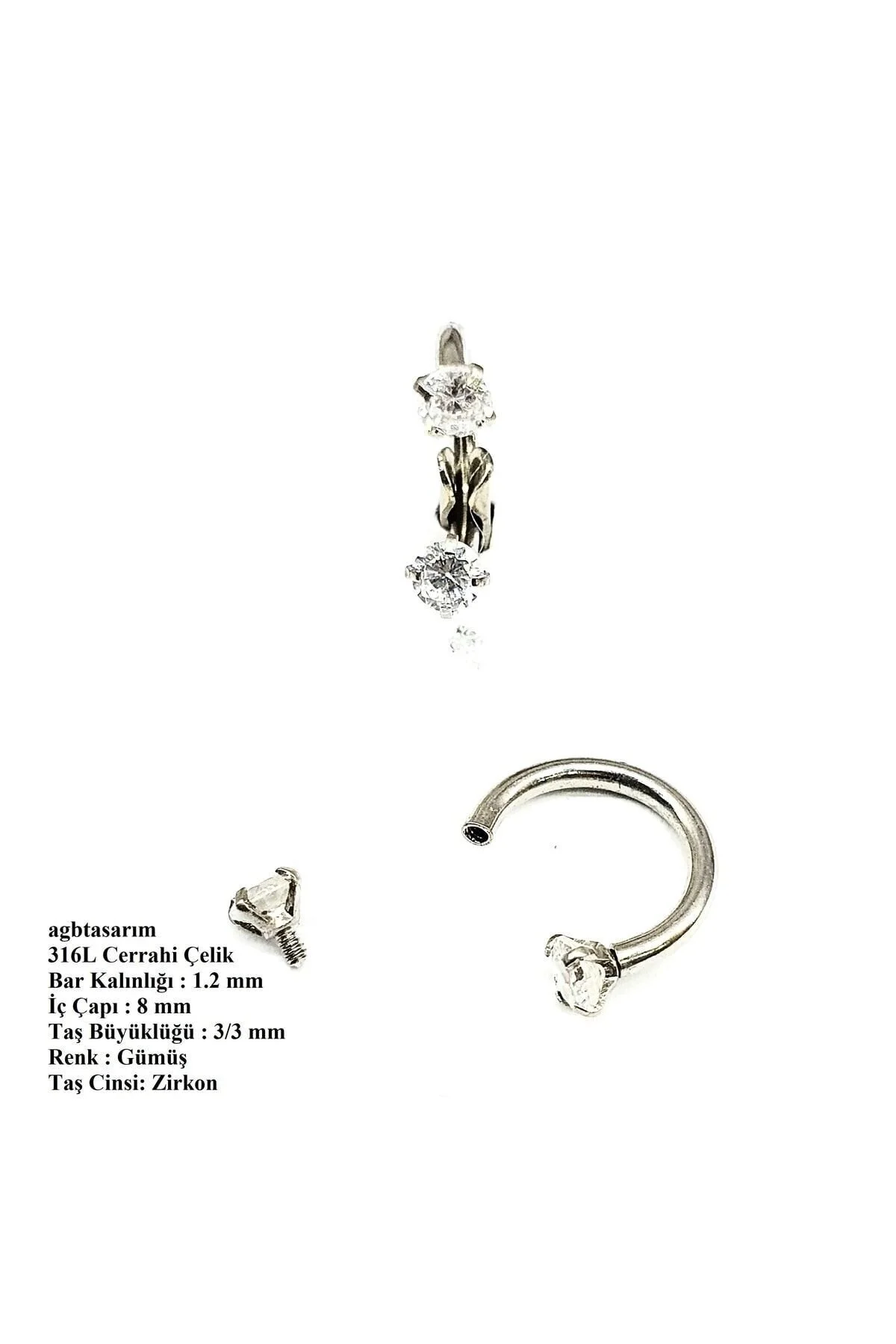 %100 316L CERRAHİ ÇELİK ZİRKON TAŞLI GÜMÜŞ RENGİ YARIM HALKA PİERCİNG ("septum, Nose, Helix") 1