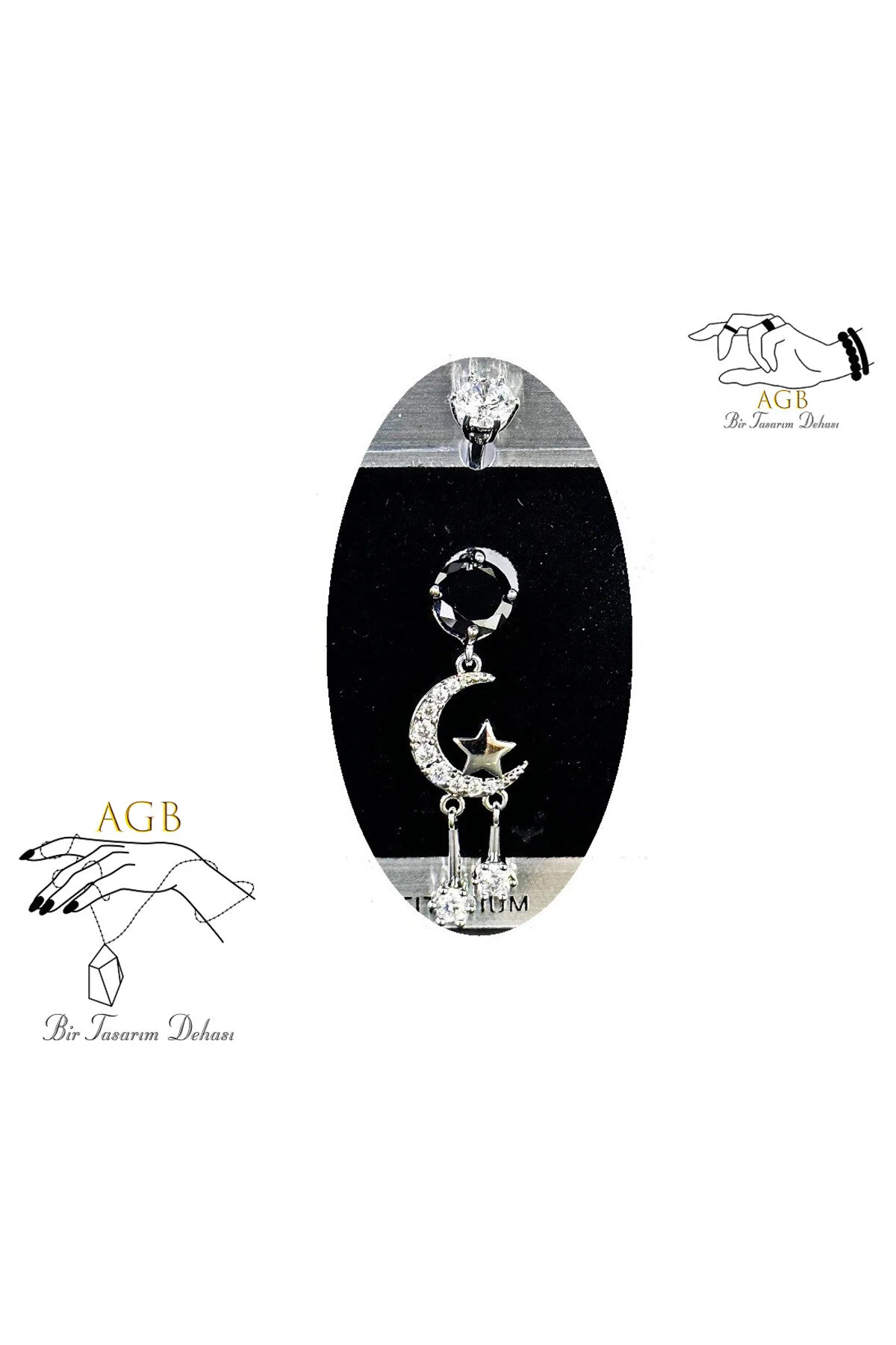 "AGB" Parıltı Taşlı Titanyum Gövdeli(Barlı) Ay İçinde Yıldız Figürlü Aksesuarlı Göbek Piercing (Single, Lower) 1