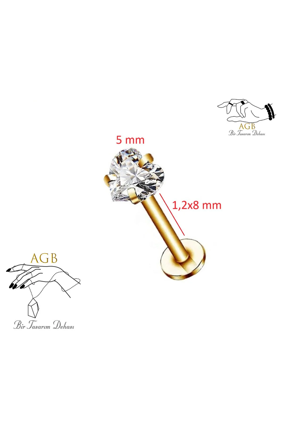 Gösterişli "AGB" Parıltı Kalp Taşlı 316L Çelik Helix, Dudak & Burun Piercing %100 "AGB" İbareli 1