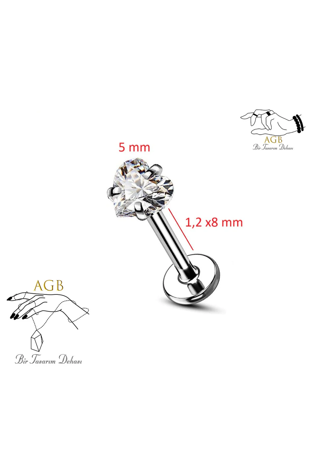 Gösterişli "AGB" Parıltı Kalp Taşlı 316L Çelik Helix, Dudak & Burun Piercing %100 "AGB" İbareli 1