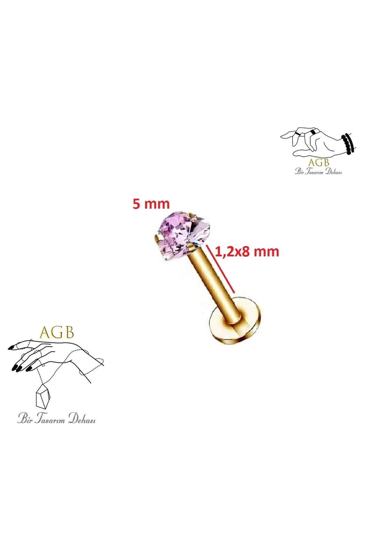 Gösterişli "AGB" Parıltı Kalp Taşlı 316L Çelik Helix, Dudak & Burun Piercing %100 "AGB" İbareli 1