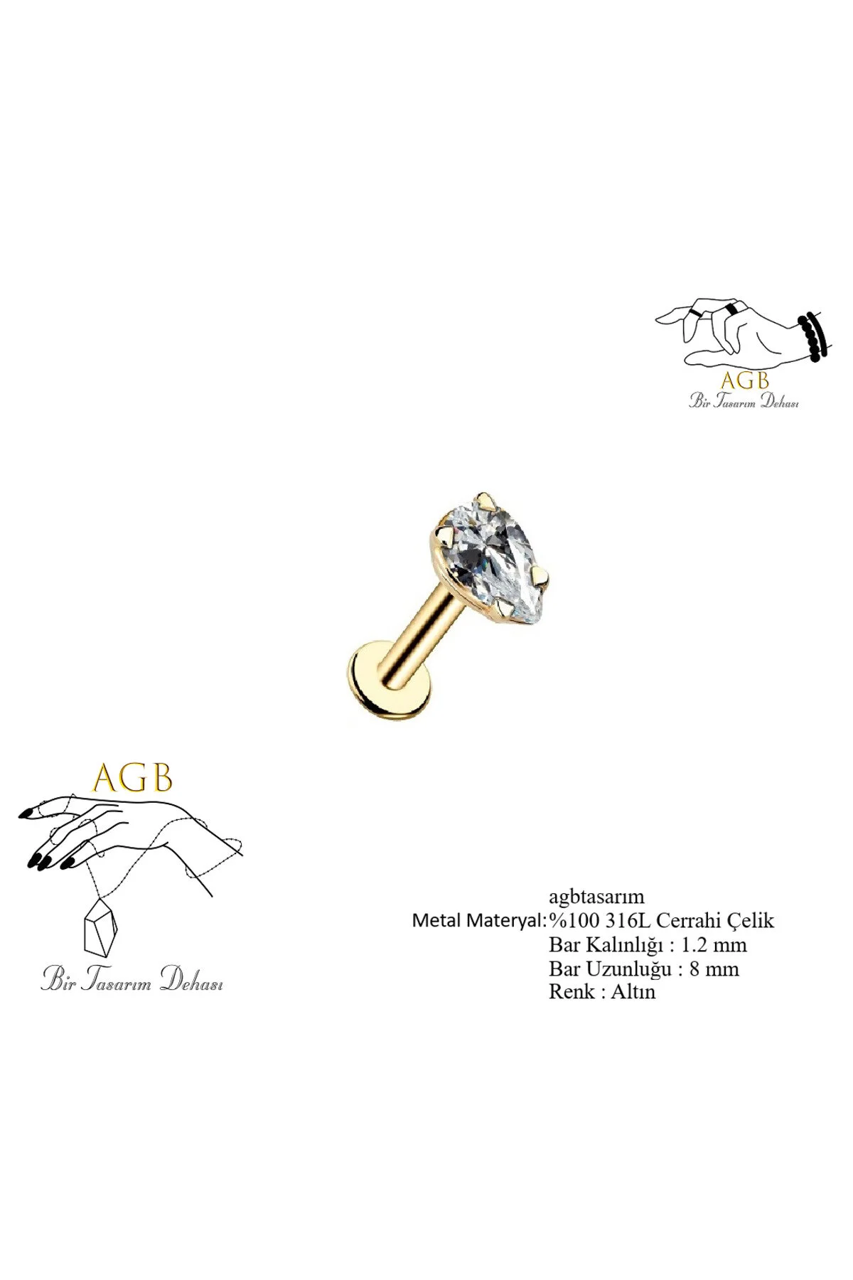 Minimal "AGB" Parıltı Damla Taşlı 316L Çelik Helix, Dudak & Burun Piercing (%100 "AGB" İbareli) 1