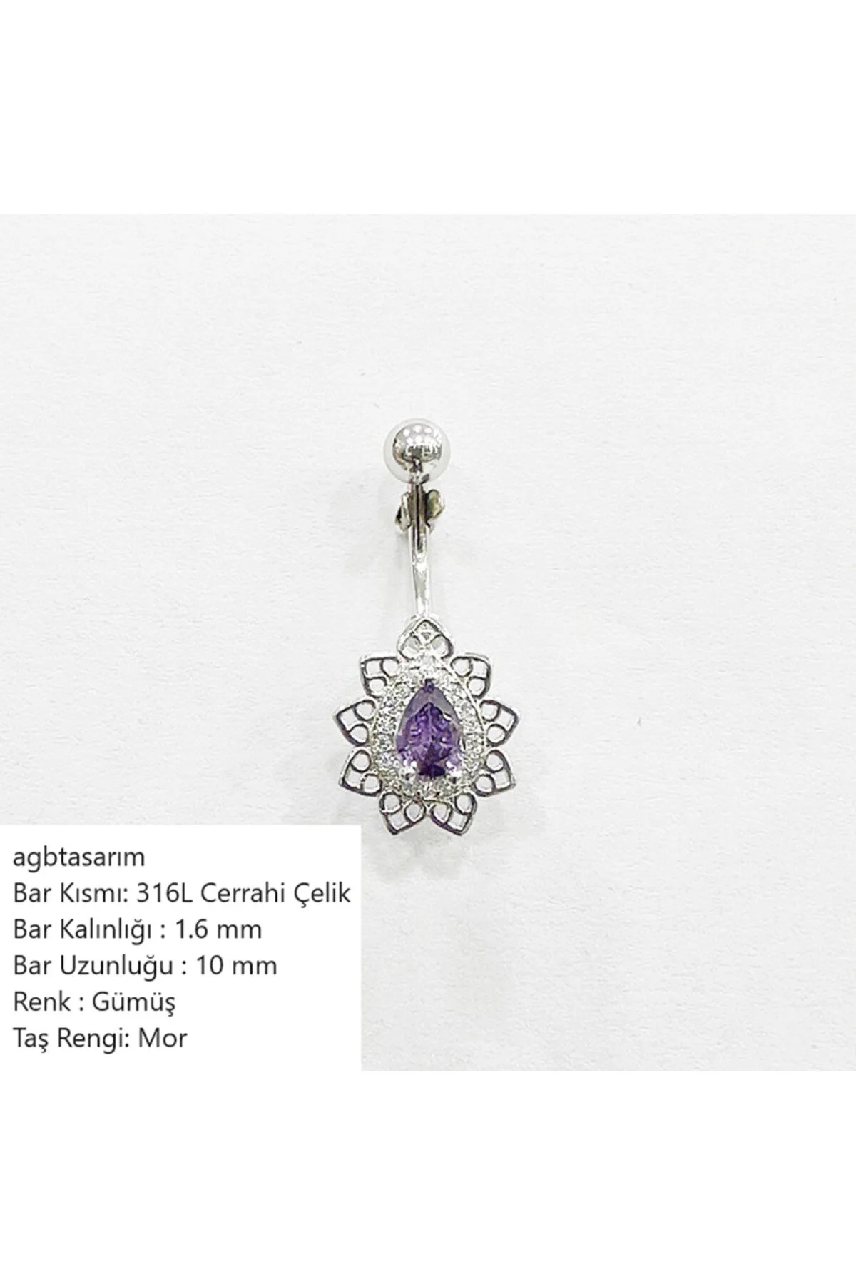 Çevre Taş Dizili Antika Mor Damla Taşlı Aksesuarlı "single" Göbek Piercing (ÖZEL TASARIM) 1