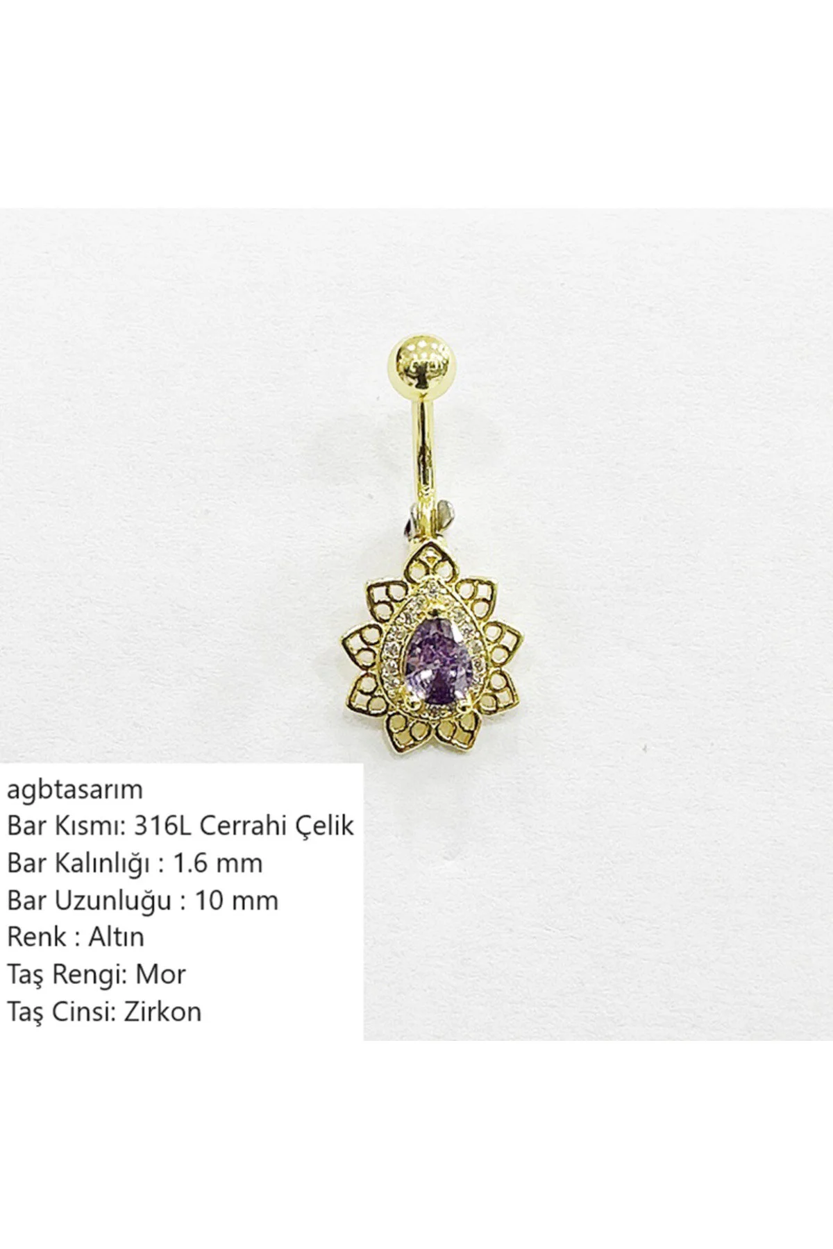 ÇERÇEVELİ TAŞLA SÜSLENMİŞ MOR DAMLA TAŞLI AKSESUARLI "SİNGLE" GÖBEK PİERCİNG (Özel Tasarım) 1