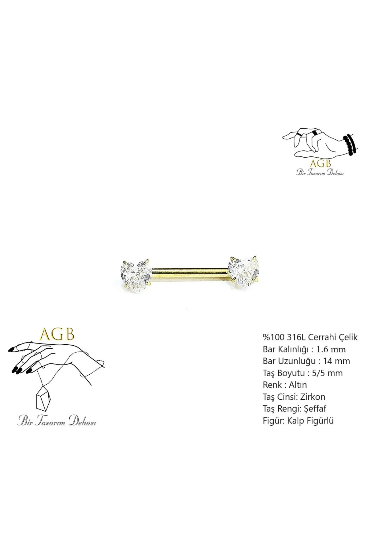 AGB" Parıltı Kalp Taşlı 316L Cerrahi Çelik Tasarım Göğüs & Nipple Piercing (%100 "AGB" İbareli) 1