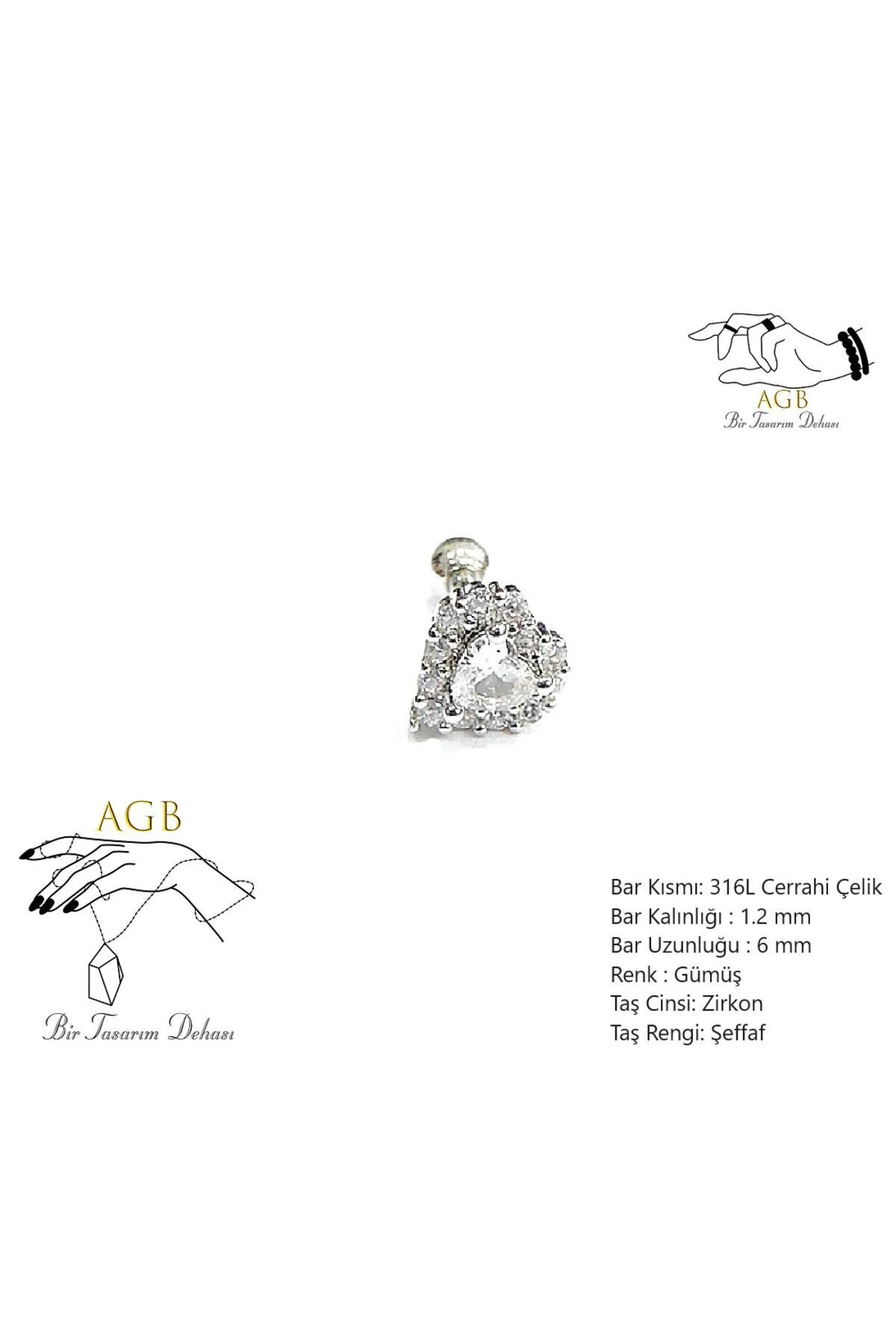 AGB Parıltı Kalp Taşlı Aksesuarlı  Kulak, Kıkırdak, Helix & Tragus Piercing 1