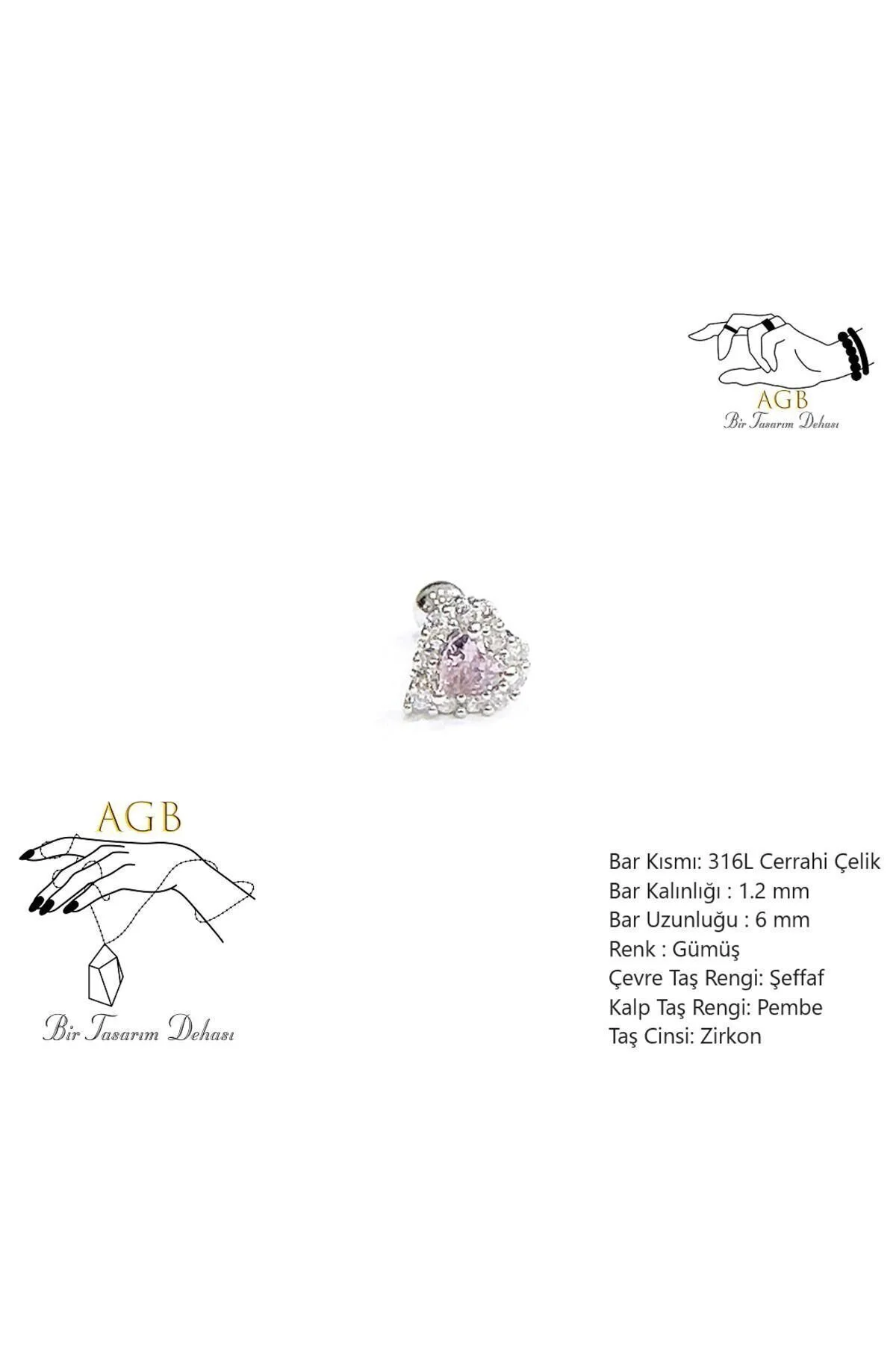 AGB Parıltı Kalp Taşlı Aksesuarlı  Kulak, Kıkırdak, Helix & Tragus Piercing 1