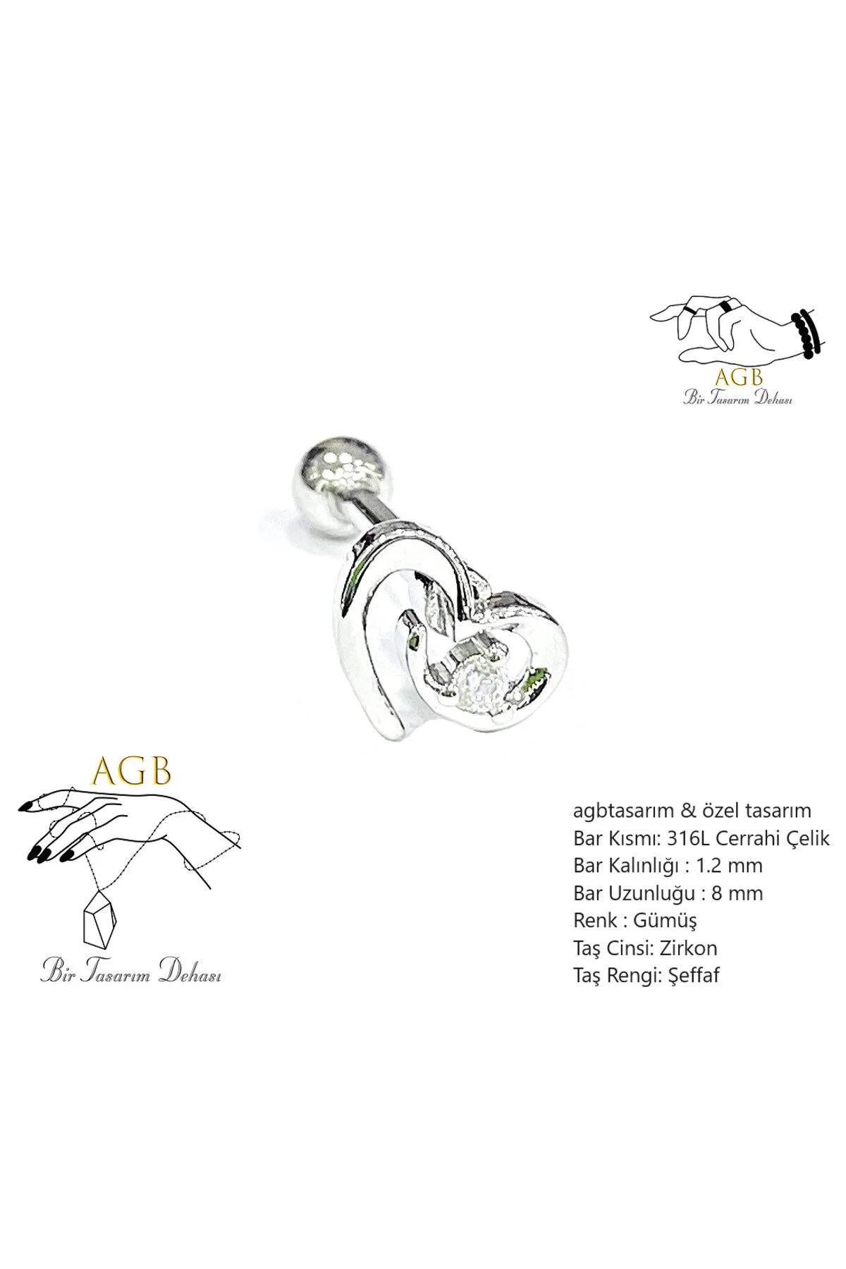 "AGB" Parıltı Taşlı Kalp Figürlü Aksesuarlı Kulak, Kıkırdak, Helix & Tragus Piercing 1