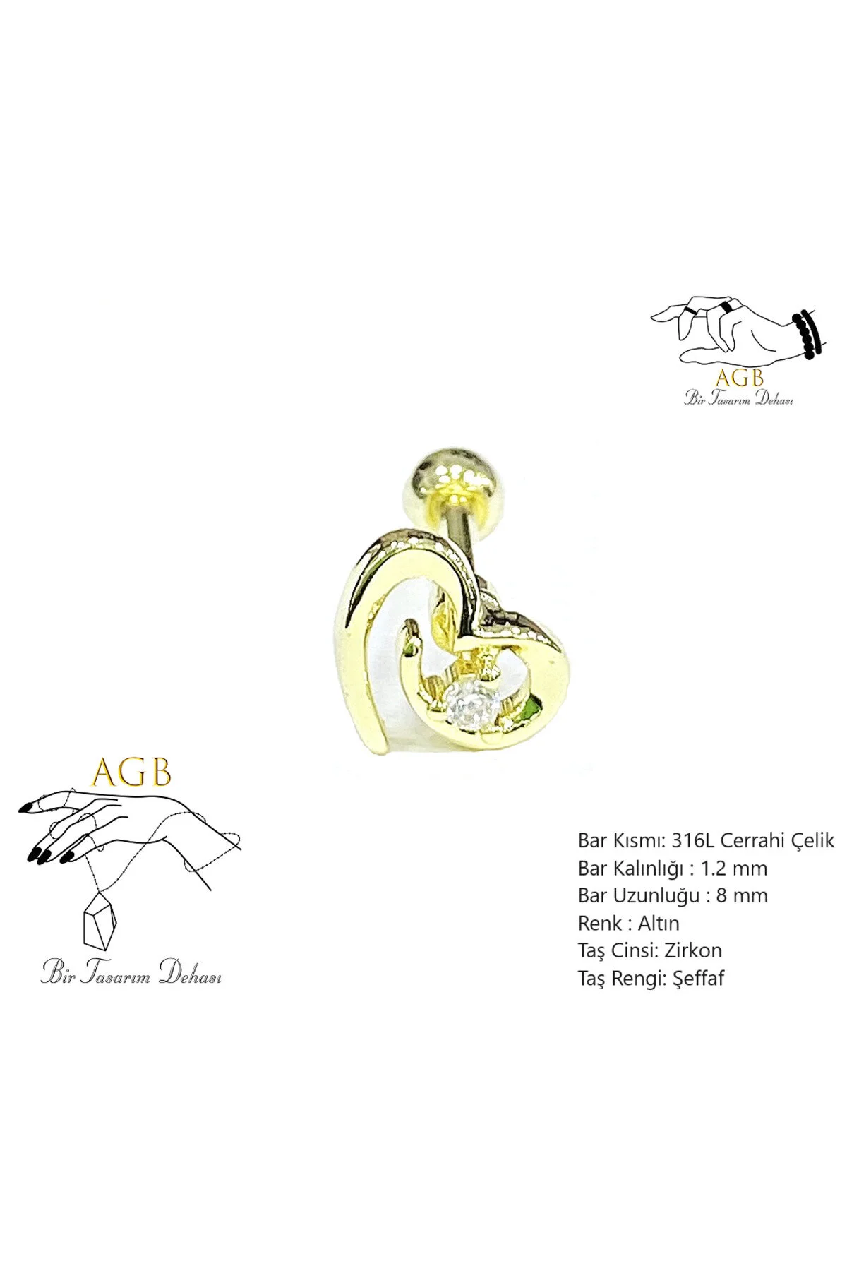 "AGB" Parıltı Taşlı Kalp Figürlü Aksesuarlı Kulak, Kıkırdak, Helix & Tragus Piercing 1