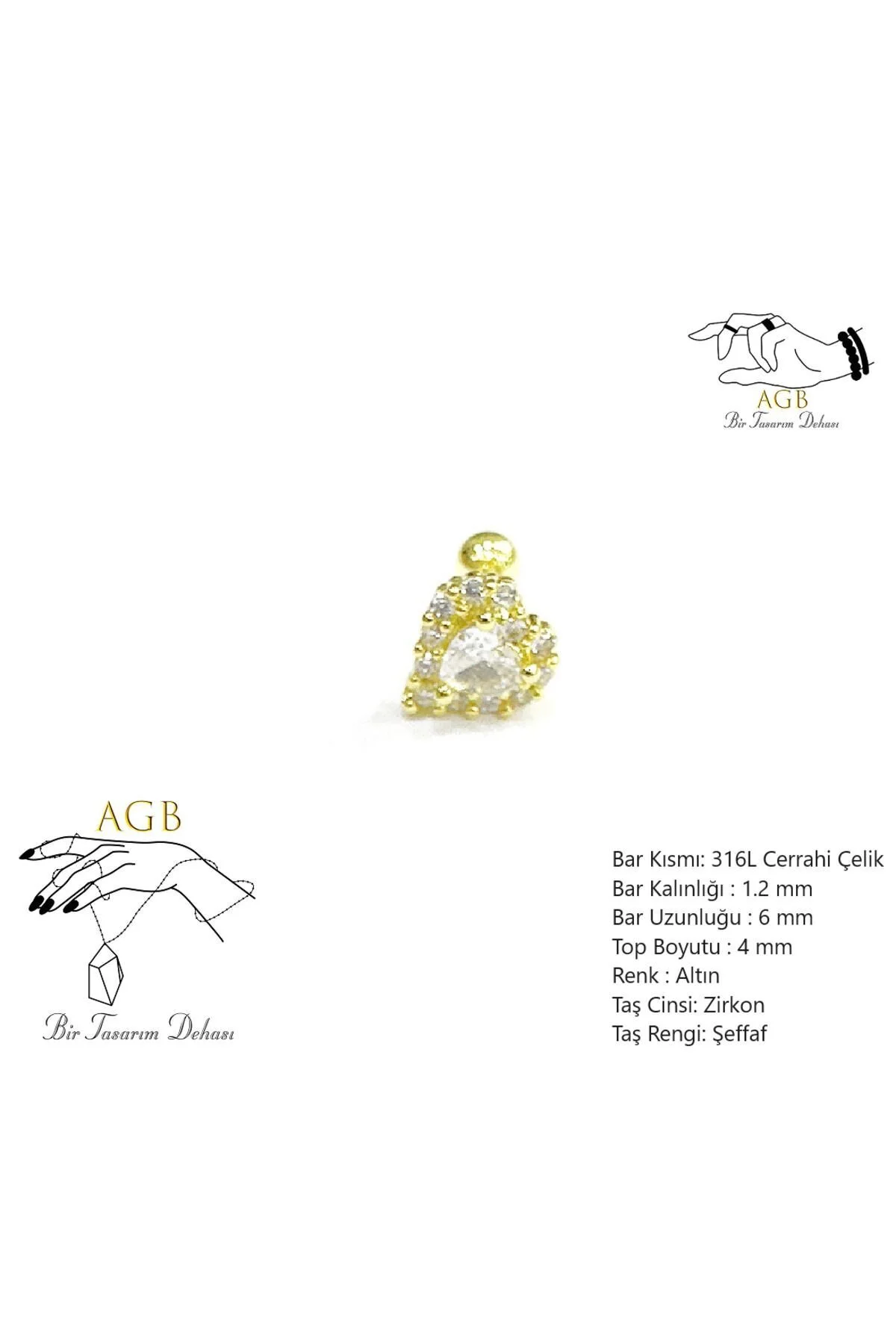 AGB Parıltı Kalp Taşlı Aksesuarlı  Kulak, Kıkırdak, Helix & Tragus Piercing 2