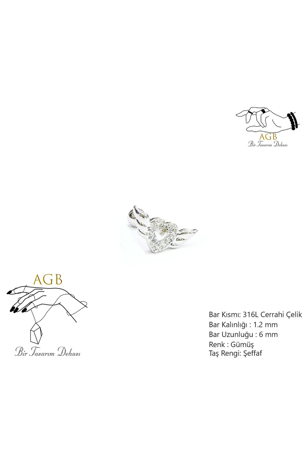 "AGB" Tasarım Uçan Kanat Figürlü Aksesuarlı  Kulak, Kıkırdak, Helix & Tragus Piercing 1