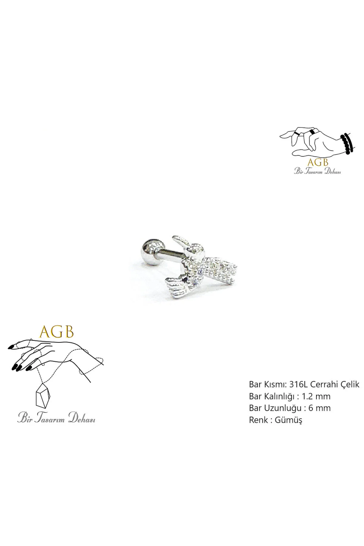 "AGB" Parıltı Taşlı Kuş Figürlü Aksesuarlı  Kulak, Kıkırdak, Helix & Tragus Piercing 1
