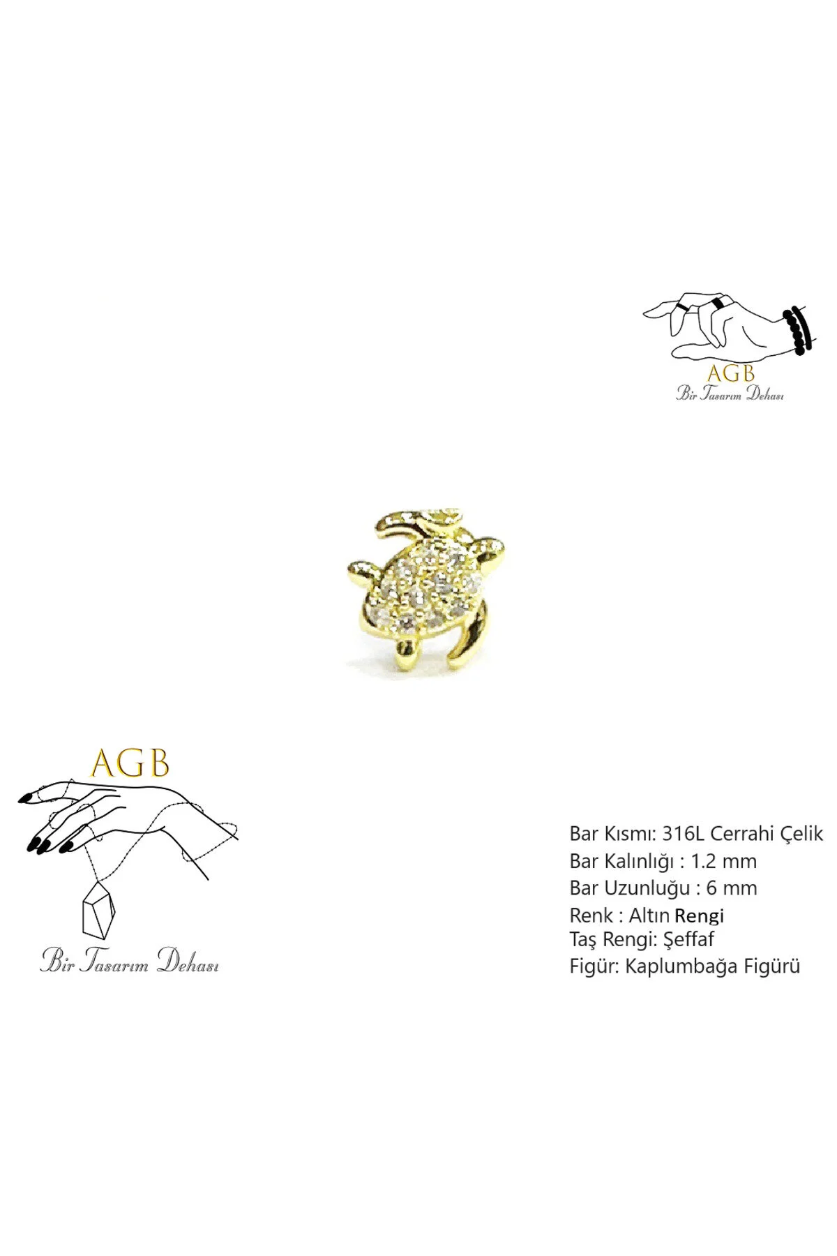 "AGB" Parıltı Taşlı Kaplumbağa Figürlü Aksesuarlı  Kulak, Kıkırdak, Helix & Tragus Piercing 1
