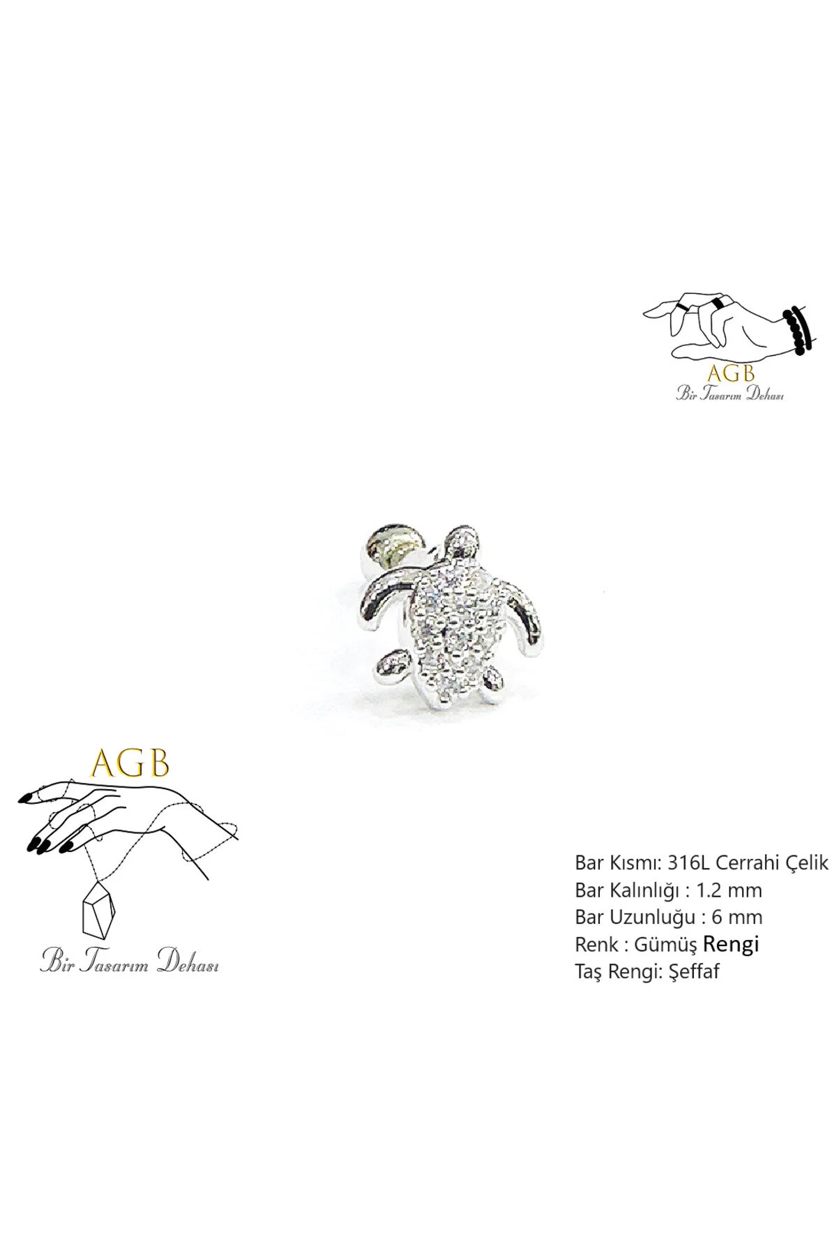 "AGB" Parıltı Taşlı Kaplumbağa Figürlü Aksesuarlı  Kulak, Kıkırdak, Helix & Tragus Piercing 1